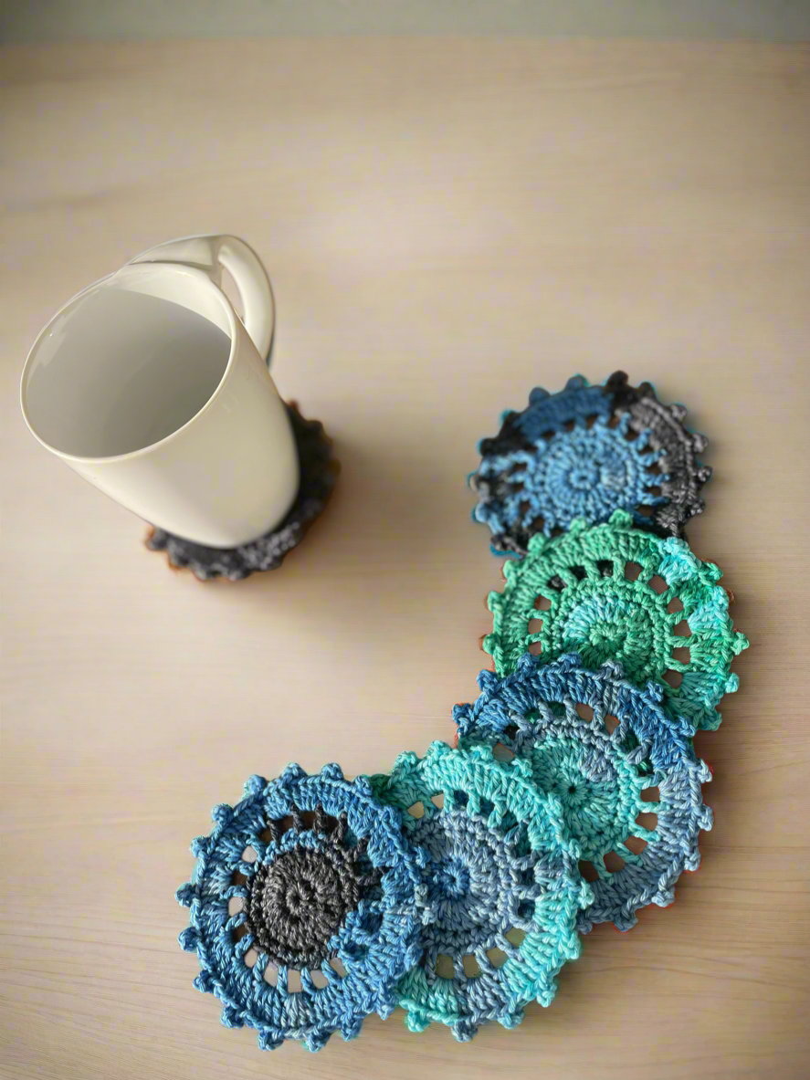 Handmade Cotton Crochet Coasters Black, Green & Blue Shades