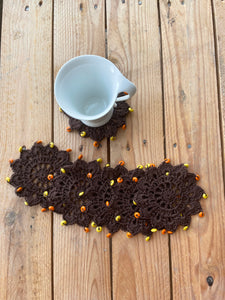 Brown Handmade Cotton Coasters with Yellow & Orange Beads | CKKoetter Accessories
