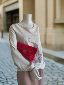 Pink Polyester Crochet Clutch with a Golden Button | CKKOETTER Accessories