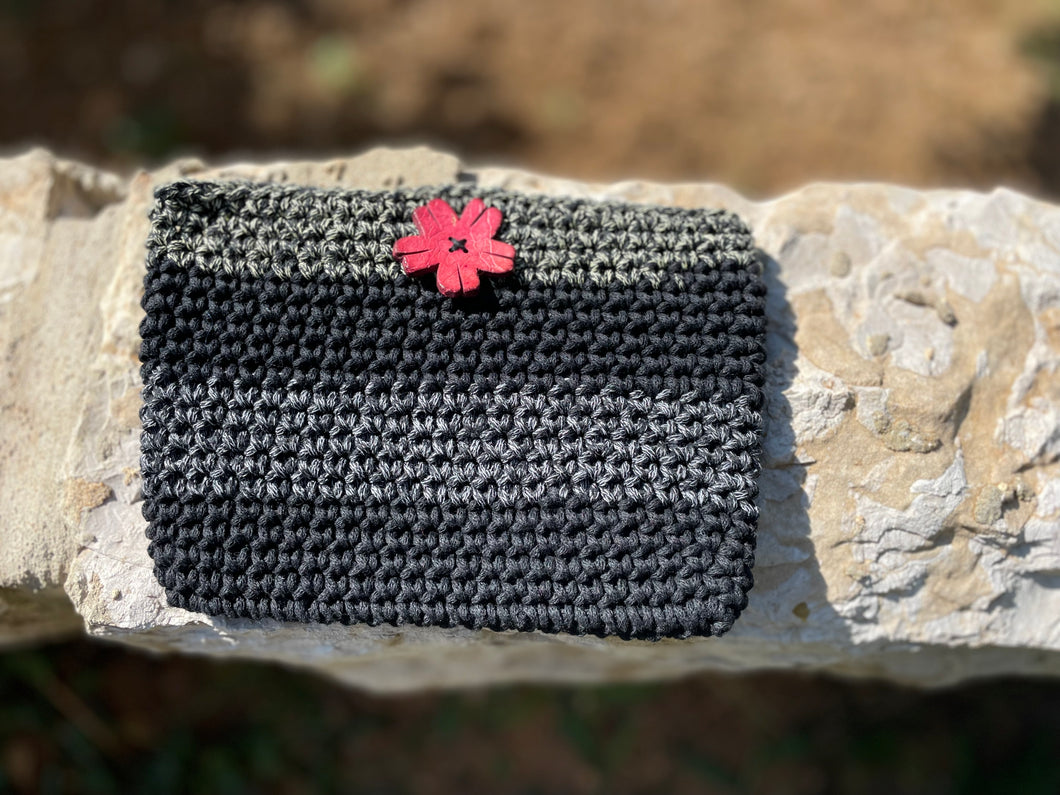 Black Cotton Crochet Pouch with Flower Button - CKKoetter Accessories