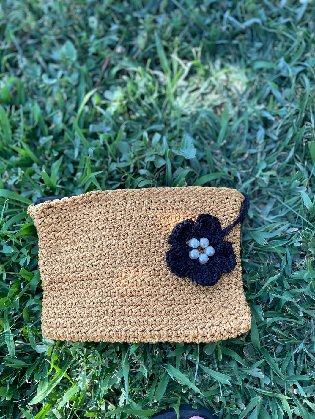 Mustard Crochet Pouch with Zipper & Black Flower Charm with White Pearls - CKKoetter Accessories