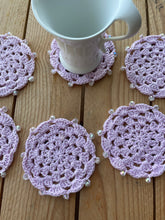 Load image into Gallery viewer, 6 Pink Cotton Crochet Coasters Transparent Beads | CKKoetter Accessories

