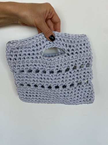 silver and white crochet bag 