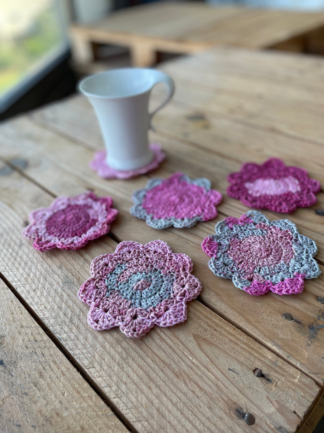 Handmade Pink & Gray Cotton Crochet Flower Coasters