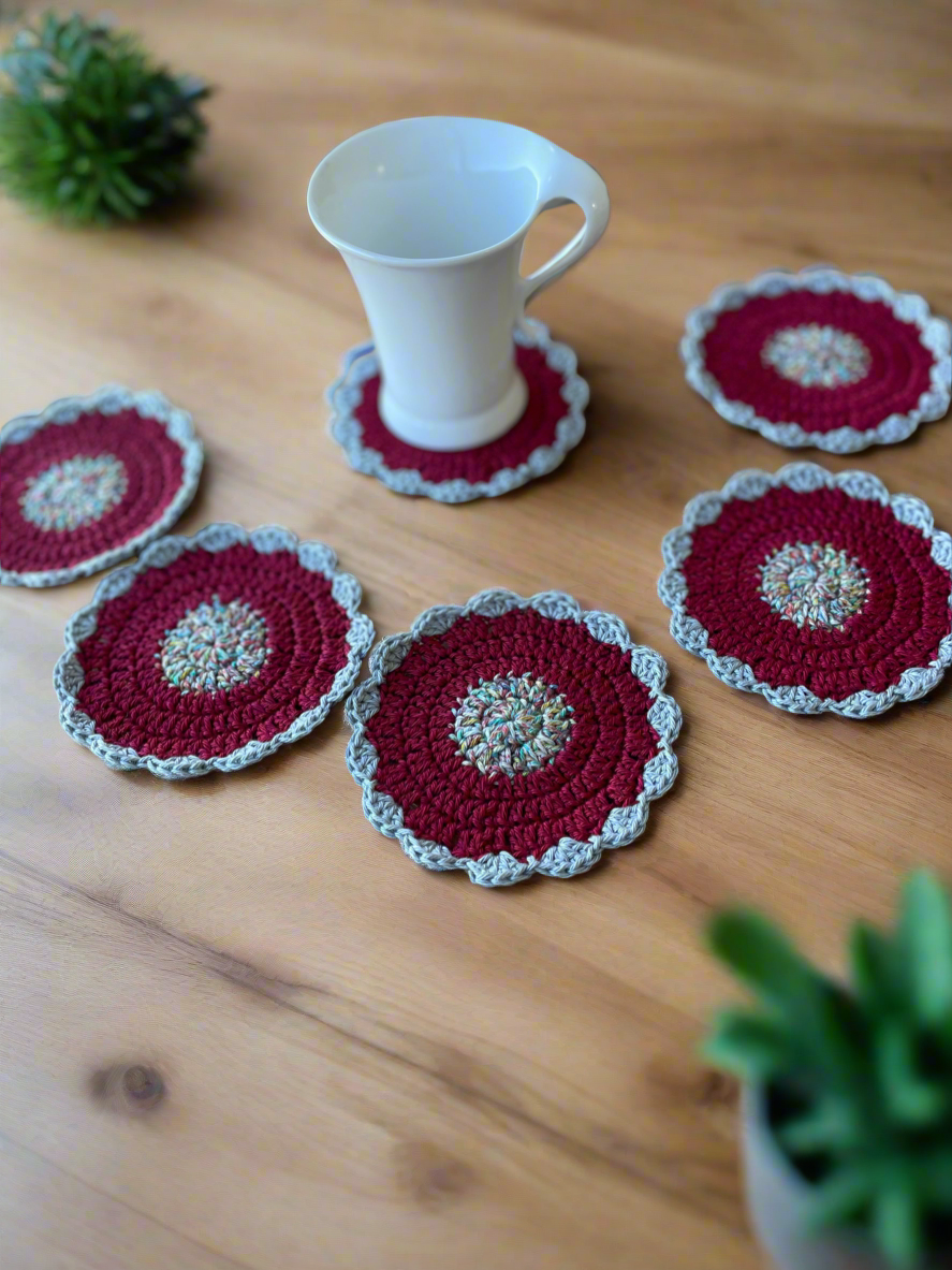 Burgundy & Gray Cotton Crochet Coasters | CKKOETTER Accessories