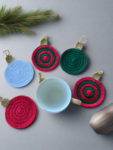Red green white gold Christmas ornaments crochet coasters