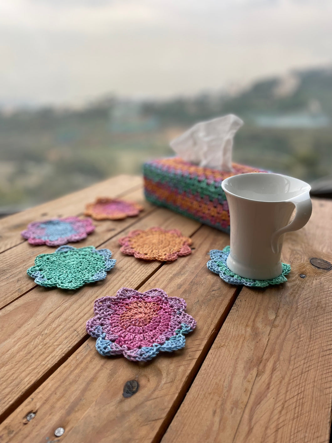 Colourful 6 Crochet Coasters with Tissue Box Cover - CKKoetter Accessories