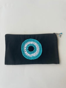 Black Canvas Pouch with Crochet Evil Eye Applique & Charm | CKKOETTER Accessories