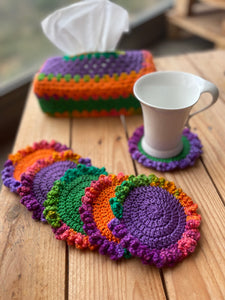 Purple Green Orange Crochet Coasters & Tissue Box Cover Set - CKKoetter Accessories