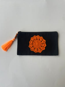 Black Canvas Pouch with Crochet Applique & Faux Silk Tassel | CKKOETTER Accessories