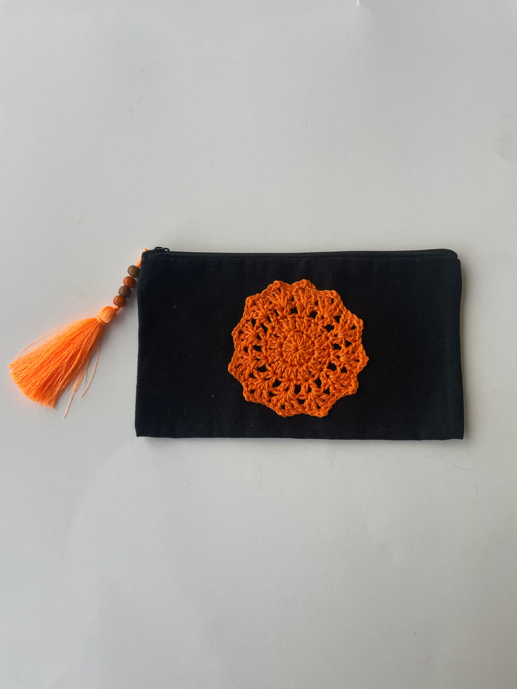 Black Canvas Pouch with Crochet Applique & Faux Silk Tassel | CKKOETTER Accessories