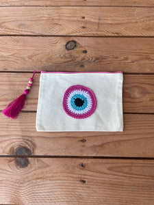 White Canva Pouches with a Cotton Crochet Evil Eye Applique and a Tassel