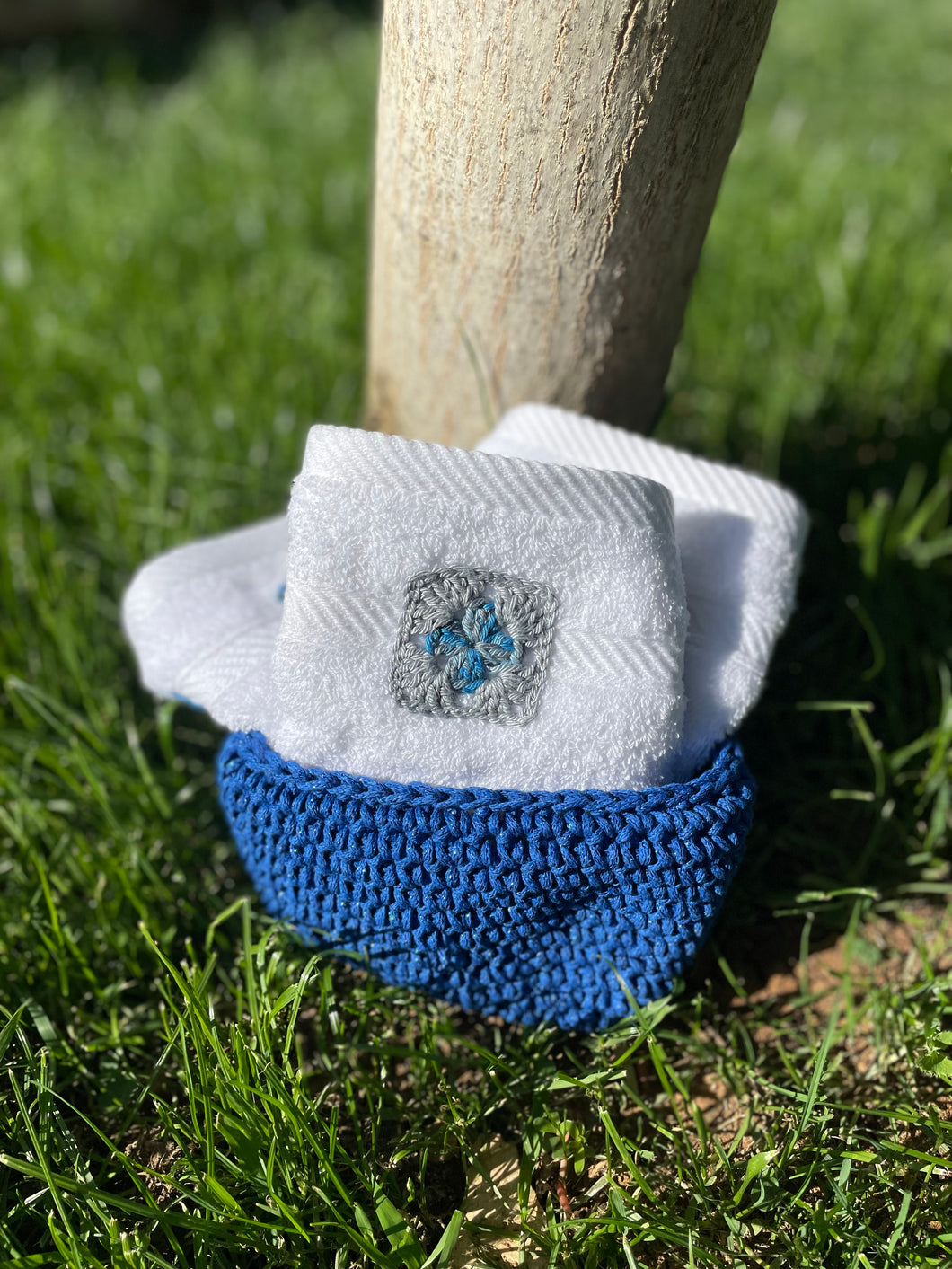 Granny squares hand towels crochet basket