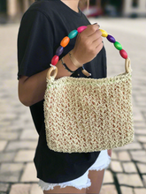 Load image into Gallery viewer, Beige raffia bag with a multicolored handle
