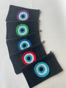 Black Canvas Pouch with Crochet Evil Eye Applique & Charm | CKKOETTER Accessories