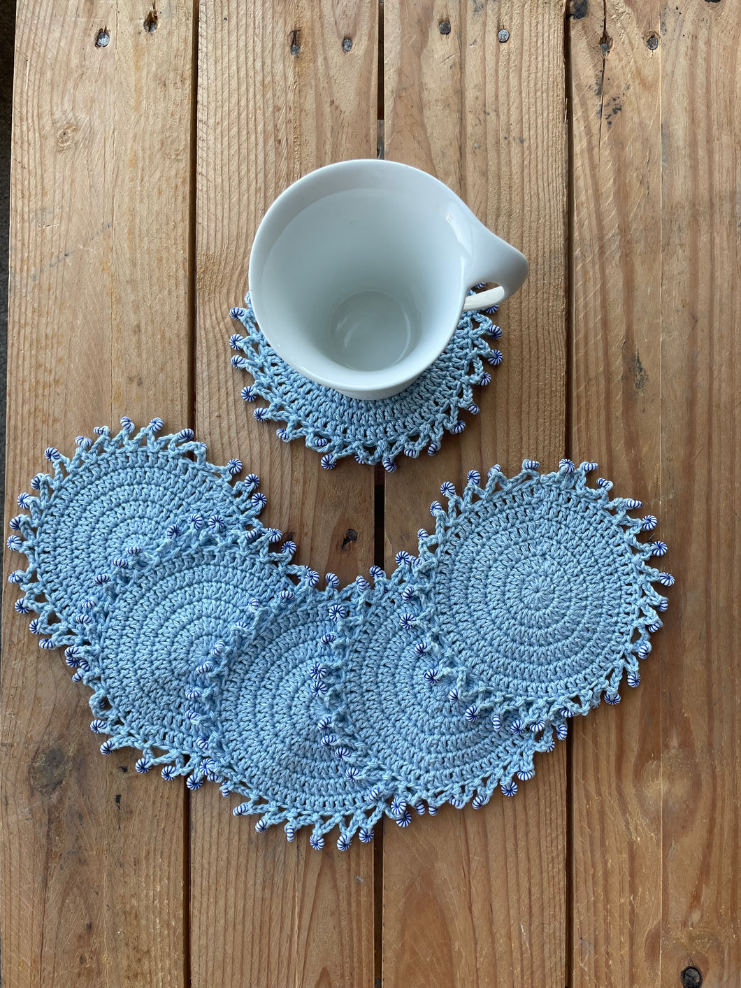 Cotton Crochet Blue Round Coasters with Beads | CKKoetter Accessories