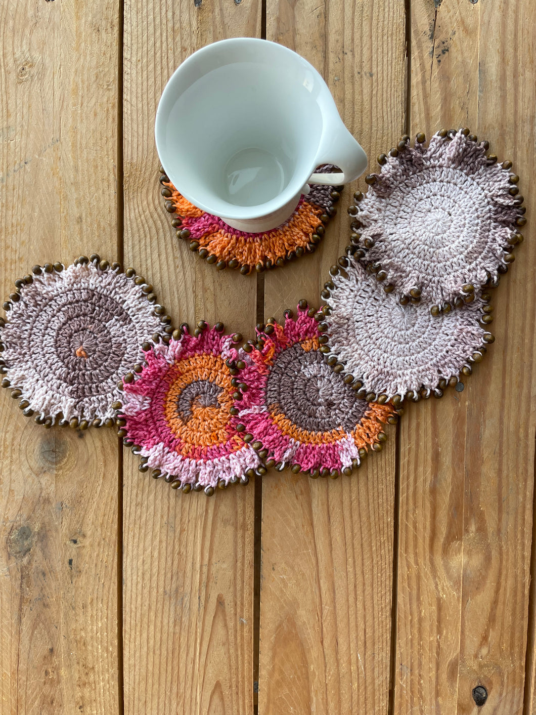 6 Round Cotton Crochet Coasters Brown Beads | CKKoetter Accessories