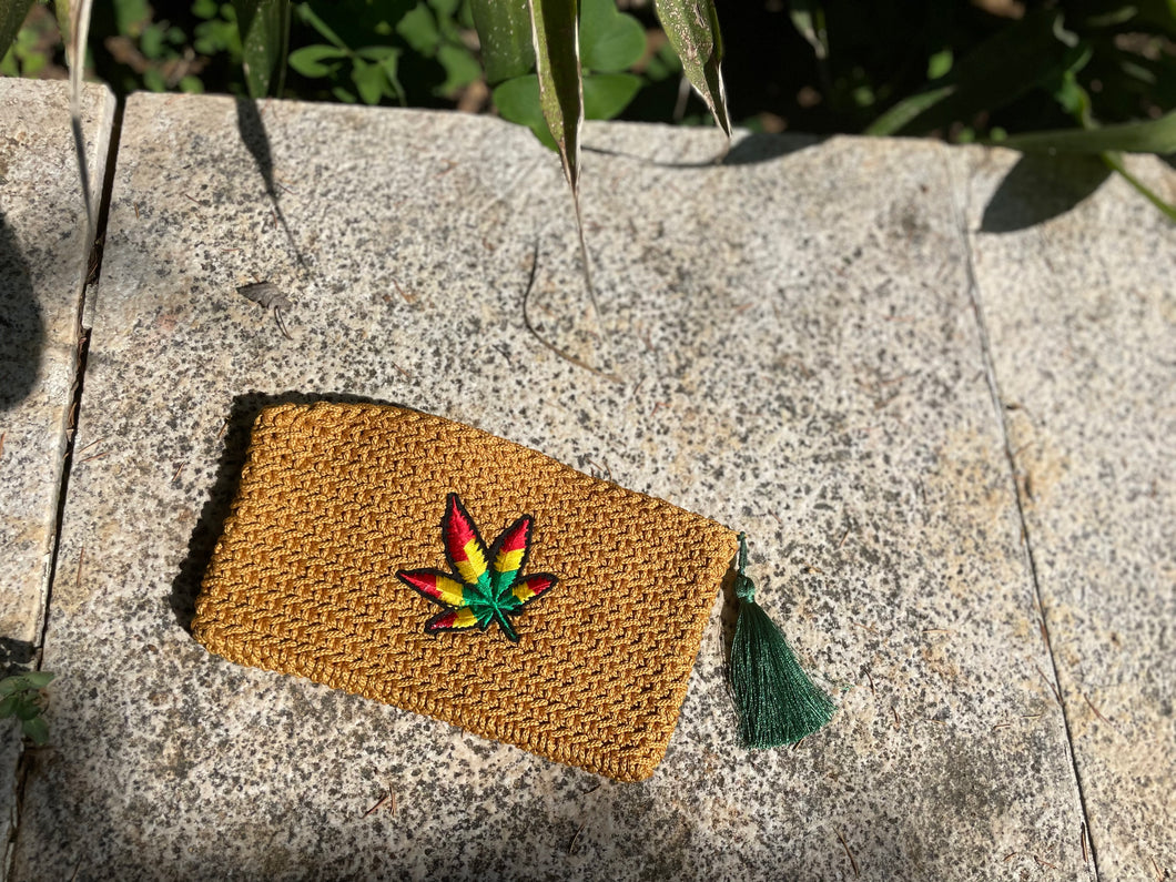Handmade Zipper Pouch - Mustard Yellow Crochet Bag with Flower Charm