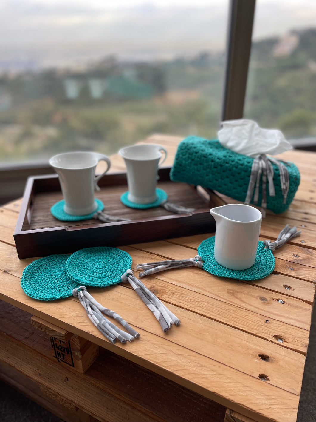 Crochet Coaster Set + Tissue Box Cover - 6 Piece Home Bundle | CKKoetter