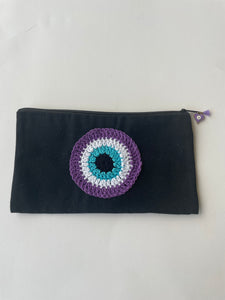 Black Canvas Pouch with Crochet Evil Eye Applique & Charm | CKKOETTER Accessories