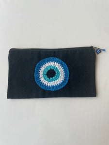 Black Canvas Pouch with Crochet Evil Eye Applique & Charm | CKKOETTER Accessories