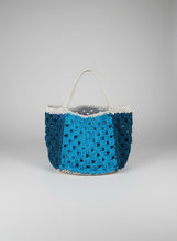 Load image into Gallery viewer, Blue and gray crocheted bag on a white surface
