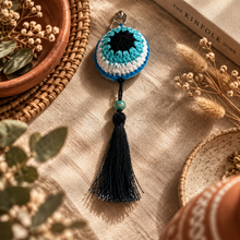 Load image into Gallery viewer, Blue brown white crochet evil eye key chain
