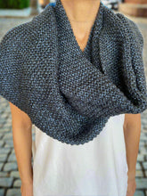 Load image into Gallery viewer, Person wearing a blue knitted scarf on a white background
