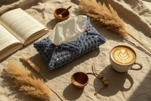 Load image into Gallery viewer, Blue crochet tissue box with red flowers CKKoetter Accessories 
