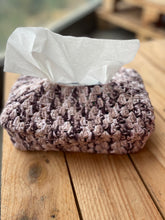 Load image into Gallery viewer, Crocheted tissue holder with tissues on a wooden surface
