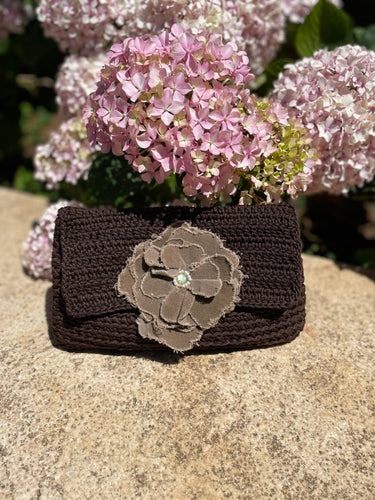 Brown crochet clutch green flower CKKoetter Accessories