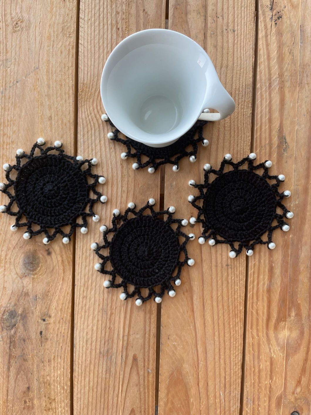 4 Black Round Crochet Coasters with White Pearls | CKKoetter Accessories