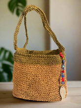 Load image into Gallery viewer, 2 Shades of Beige Raffia Crochet Bag with a Handmade Fish Charm
