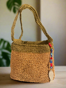2 Shades of Beige Raffia Crochet Bag with a Handmade Fish Charm