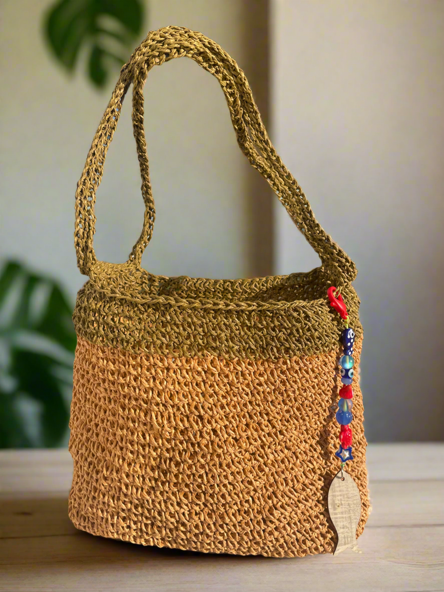 2 Shades of Beige Raffia Crochet Bag with a Handmade Fish Charm