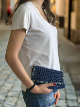 Load image into Gallery viewer, Denim Polyester Crochet Clutch with Glass Flowers | CKKoetter Accessories
