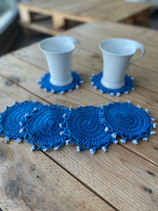 Blue Round Crochet Coasters with Flowers