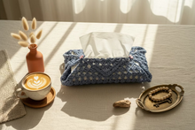 Load image into Gallery viewer, Blue crochet tissues holder with pink flowers 

