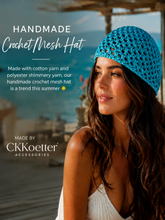 Load image into Gallery viewer, Woman wearing a blue crochet mesh hat with promotional text about the product and brand.
