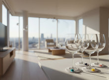 Load image into Gallery viewer, Wine glasses with decorative coasters on a gray surface
