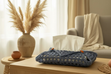 Load image into Gallery viewer, Blue crochet tissue holder with orange flowers 
