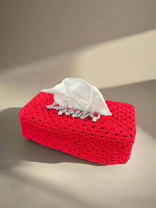 knitted red tissue box cover with stars for christmas
