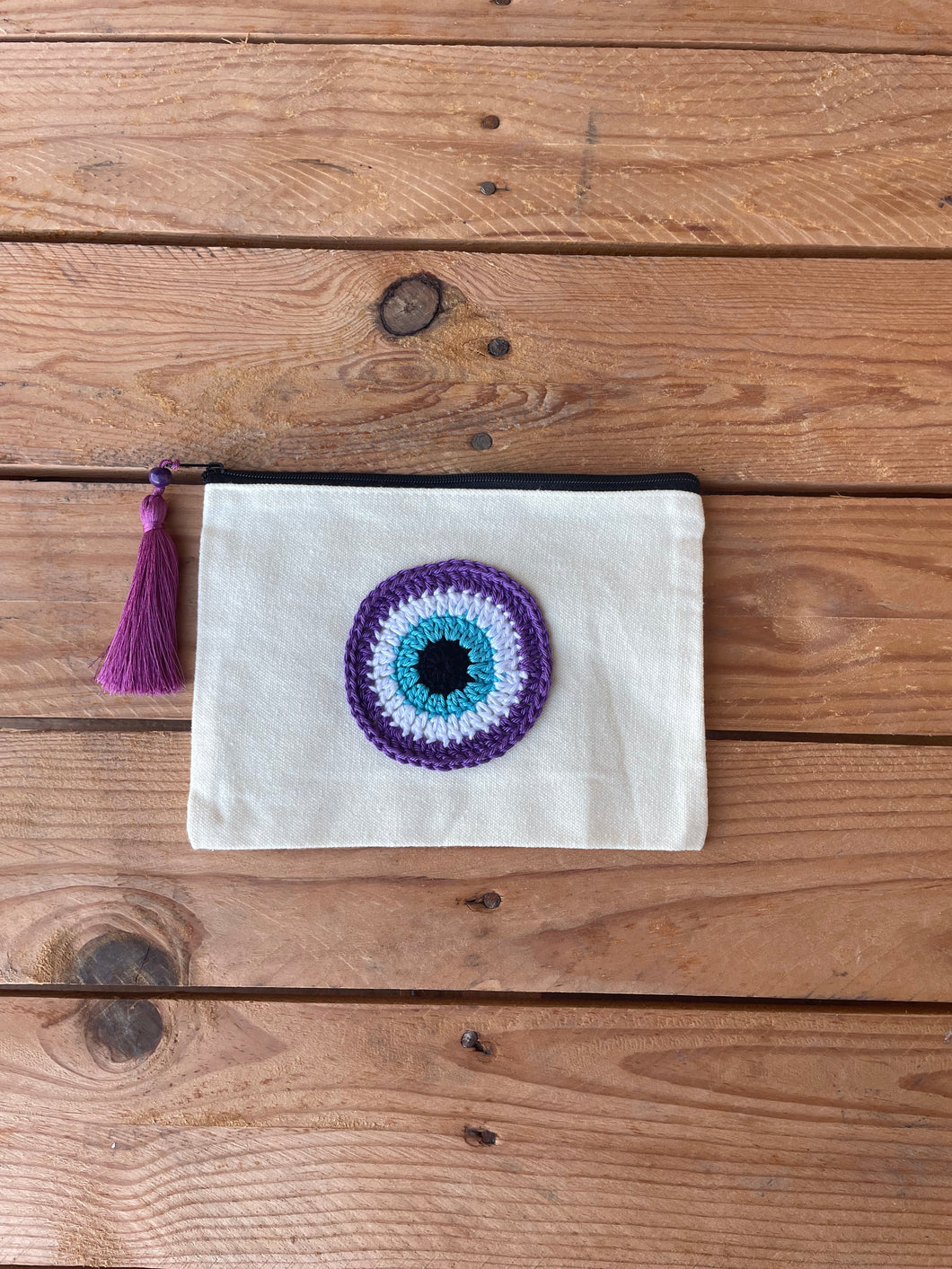 White Canva Pouches with a Cotton Crochet Evil Eye Applique and a Tassel