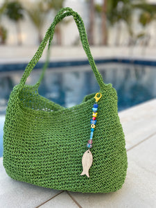 Crochet Green Raffia Bag with Handles and a Fish Bag Charm with Beads