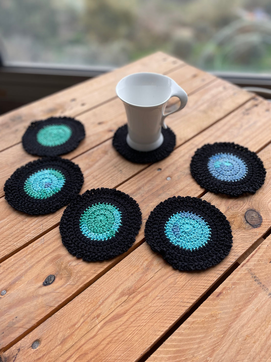 Handmade Round Black, Cyan & Green Cotton Crochet Coasters