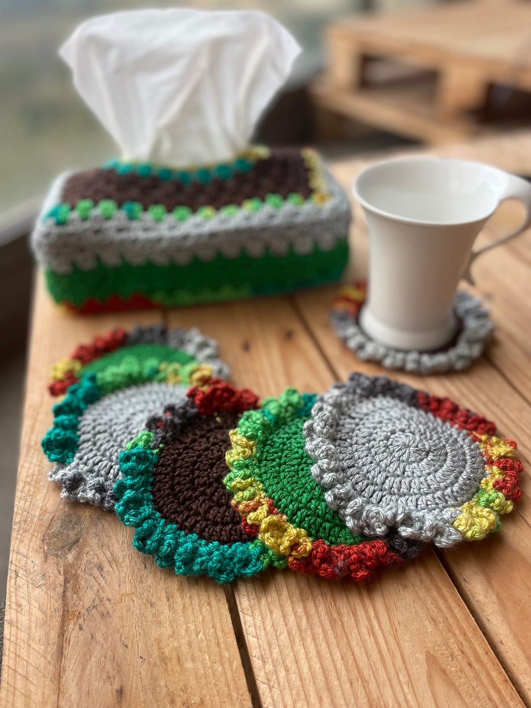 Handmade Crochet Tissue Box Cover & 6 Coasters Set - CKKoetter Accessories