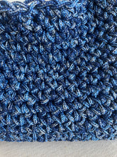 Load image into Gallery viewer, Close-up of a textured crocheted fabric swatch in variegated medium and dark blue yarn, showing the stitch pattern and material detail.
