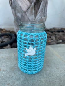 Upcycled Candle Holder with a Net Crochet Cover and a Mother or Pearl Dove