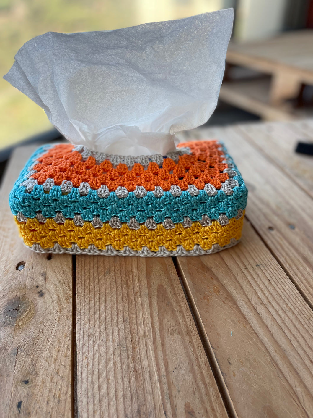 Cotton Crochet Tissue Box Cover - Greige Orange Cyan Yellow | CKKoetter Accessories