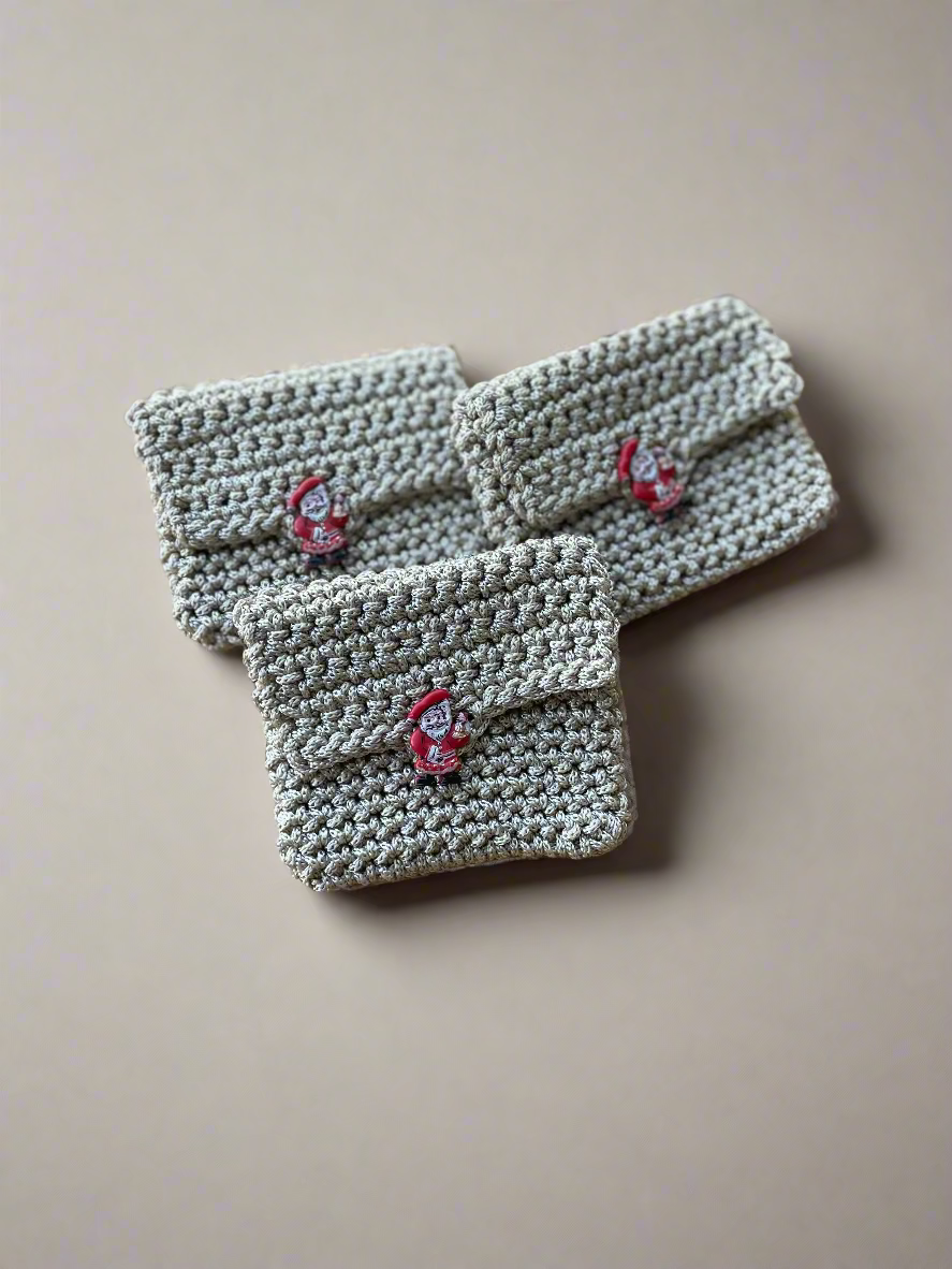 beige crochet kids wallet santa plastic button